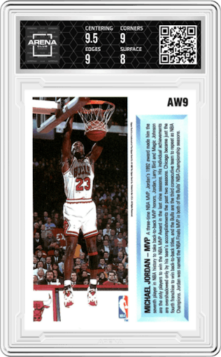 Michael Jordan from the 1992-93 Upper Deck  set graded by Arena Club and given an overall grade of 8.5.