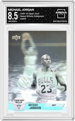Michael Jordan from the 1992-93 Upper Deck  set graded by Arena Club and given an overall grade of 8.5.