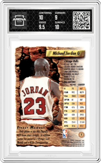 Michael Jordan from the 1993-94 Topps Finest  set graded by Arena Club and given an overall grade of 9.5.