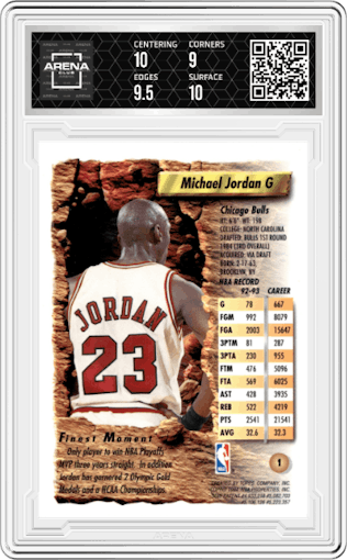 Michael Jordan from the 1993-94 Topps Finest  set graded by Arena Club and given an overall grade of 9.5.