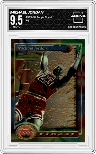 Michael Jordan from the 1993-94 Topps Finest  set graded by Arena Club and given an overall grade of 9.5.