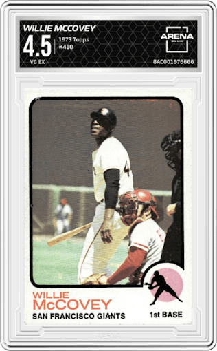 Willie McCovey from the 1973 Topps set graded by Arena Club and given an overall grade of 4.5.
