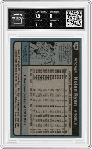  Nolan Ryan from the 1980 Topps set graded by Arena Club and given an overall grade of 7.5.