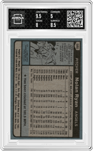  Nolan Ryan from the 1980 Topps set graded by Arena Club and given an overall grade of 5.5.