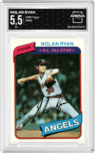  Nolan Ryan from the 1980 Topps set graded by Arena Club and given an overall grade of 5.5.