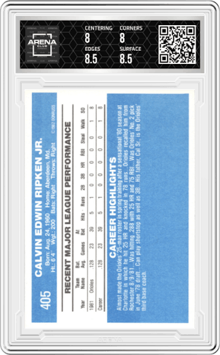 Cal Ripken Jr. from the 1982 Donruss set graded by Arena Club and given an overall grade of 8.5.