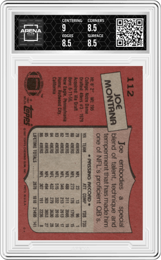 Joe Montana from the 1987 Topps set graded by Arena Club and given an overall grade of 8.5.