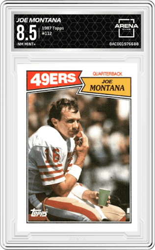 Joe Montana from the 1987 Topps set graded by Arena Club and given an overall grade of 8.5.
