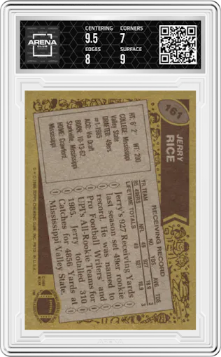 Jerry Rice from the 1986 Topps set featuring a Variation parallel graded by Arena Club and given an overall grade of 7.5.