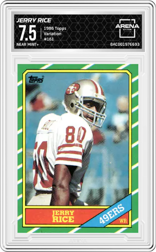 Jerry Rice from the 1986 Topps set featuring a Variation parallel graded by Arena Club and given an overall grade of 7.5.