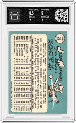 Juan Marichal from the 1965 Topps set graded by Arena Club and given an overall grade of 5.5.