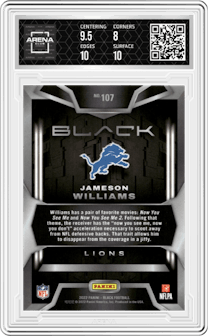 Jameson Williams  from the 2022 Panini Black set featuring a Silver parallel graded by Arena Club and given an overall grade of 8.5.