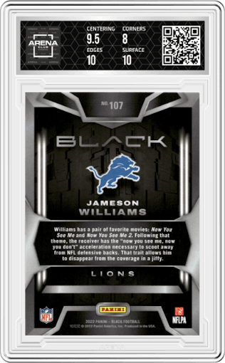 Jameson Williams  from the 2022 Panini Black set featuring a Silver parallel graded by Arena Club and given an overall grade of 8.5.