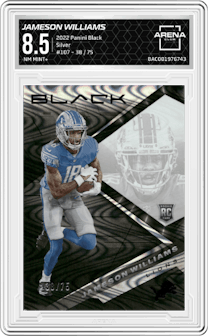 Jameson Williams  from the 2022 Panini Black set featuring a Silver parallel graded by Arena Club and given an overall grade of 8.5.