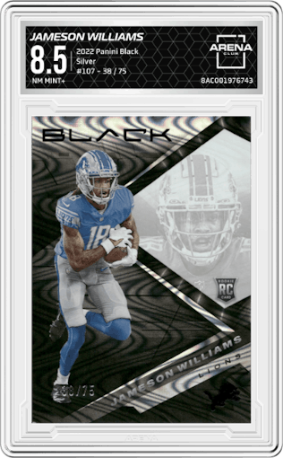 Jameson Williams  from the 2022 Panini Black set featuring a Silver parallel graded by Arena Club and given an overall grade of 8.5.