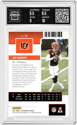 Joe Burrow from the 2021 Panini Contenders   set graded by Arena Club and given an overall grade of 9.
