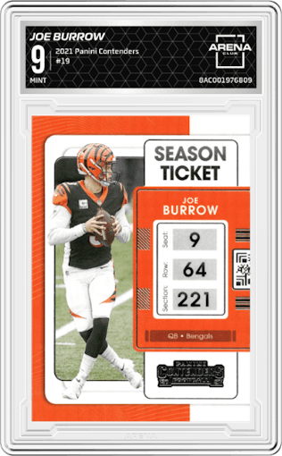 Joe Burrow from the 2021 Panini Contenders   set graded by Arena Club and given an overall grade of 9.