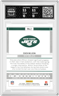 Zach Wilson from the 2021 Panini Chronicles set graded by Arena Club and given an overall grade of 9.
