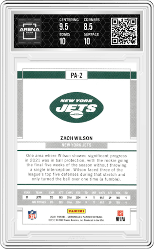 Zach Wilson from the 2021 Panini Chronicles set graded by Arena Club and given an overall grade of 9.