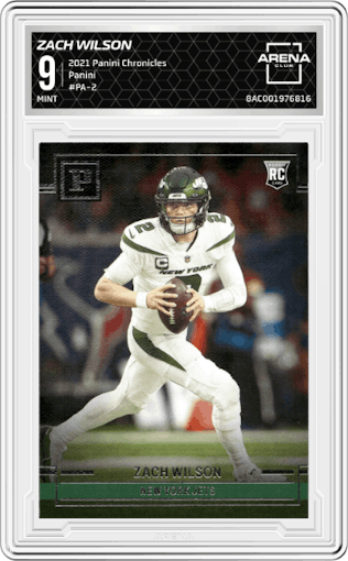 Zach Wilson from the 2021 Panini Chronicles set graded by Arena Club and given an overall grade of 9.