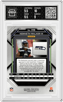 Kenneth Walker III from the 2022 Panini Prizm set graded by Arena Club and given an overall grade of 9.5.