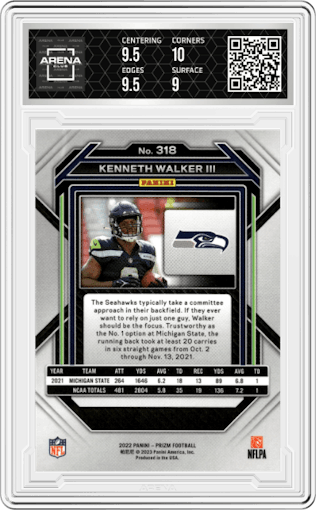 Kenneth Walker III from the 2022 Panini Prizm set graded by Arena Club and given an overall grade of 9.5.