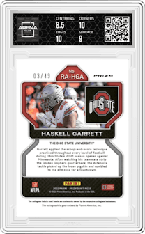 Haskell Garrett from the 2023 Panini Prizm Draft Picks set featuring a Orange Pulsar parallel graded by Arena Club and given an overall grade of 9.