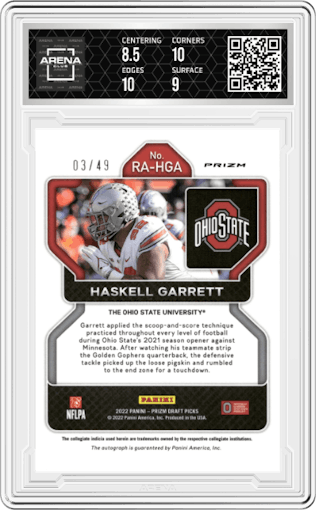 Haskell Garrett from the 2023 Panini Prizm Draft Picks set featuring a Orange Pulsar parallel graded by Arena Club and given an overall grade of 9.