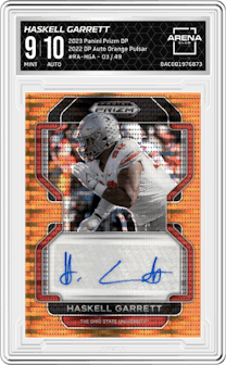 Haskell Garrett from the 2023 Panini Prizm Draft Picks set featuring a Orange Pulsar parallel graded by Arena Club and given an overall grade of 9.