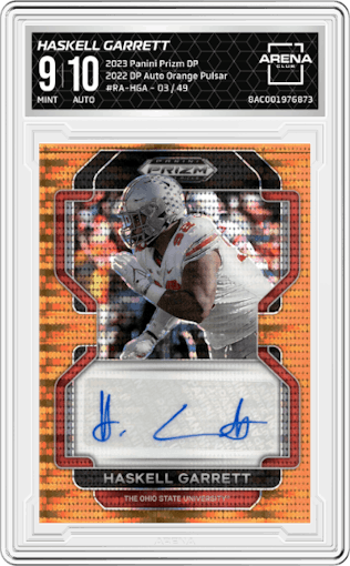 Haskell Garrett from the 2023 Panini Prizm Draft Picks set featuring a Orange Pulsar parallel graded by Arena Club and given an overall grade of 9.