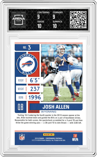 Josh Allen from the 2019 Panini Contenders set graded by Arena Club and given an overall grade of 9.5.