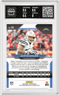 Austin Ekeler from the 2020 Panini Prizm set graded by Arena Club and given an overall grade of 8.5.