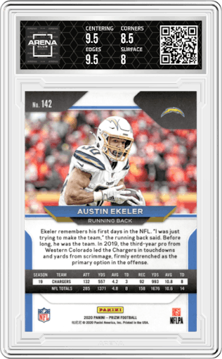 Austin Ekeler from the 2020 Panini Prizm set graded by Arena Club and given an overall grade of 8.5.