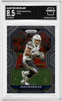 Austin Ekeler from the 2020 Panini Prizm set graded by Arena Club and given an overall grade of 8.5.