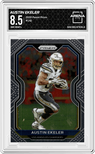 Austin Ekeler from the 2020 Panini Prizm set graded by Arena Club and given an overall grade of 8.5.