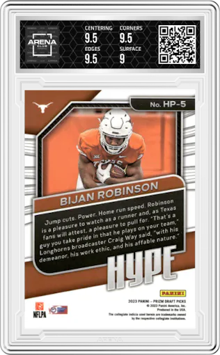 Bijan Robinson from the 2023 Panini Prizm Draft Picks set graded by Arena Club and given an overall grade of 9.5.