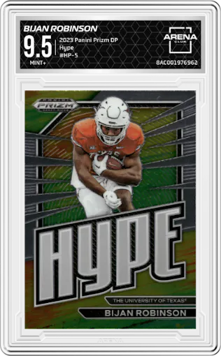 Bijan Robinson from the 2023 Panini Prizm Draft Picks set graded by Arena Club and given an overall grade of 9.5.