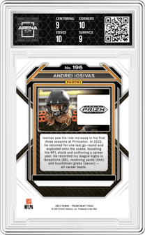 Andrei Iosivas from the 2023 Panini Prizm Draft Picks set graded by Arena Club and given an overall grade of 9.5.
