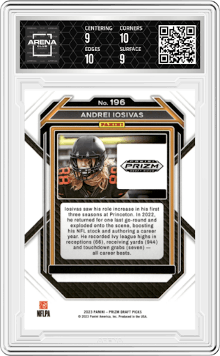 Andrei Iosivas from the 2023 Panini Prizm Draft Picks set graded by Arena Club and given an overall grade of 9.5.