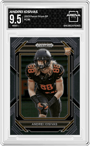 Andrei Iosivas from the 2023 Panini Prizm Draft Picks set graded by Arena Club and given an overall grade of 9.5.