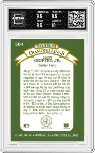 Ken Griffey, Jr from the 1993 Donruss set graded by Arena Club and given an overall grade of 9.