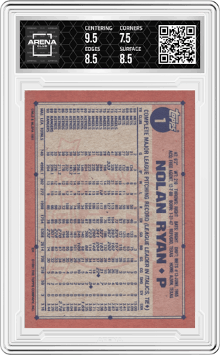 Nolan Ryan from the 1991 Topps set graded by Arena Club and given an overall grade of 8.