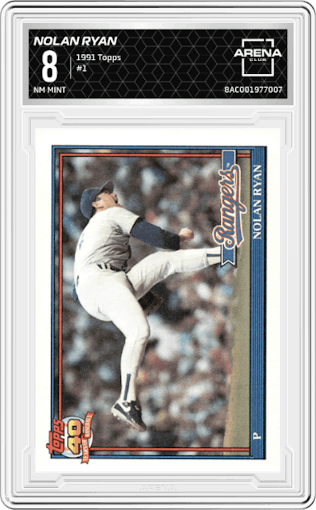 Nolan Ryan from the 1991 Topps set graded by Arena Club and given an overall grade of 8.