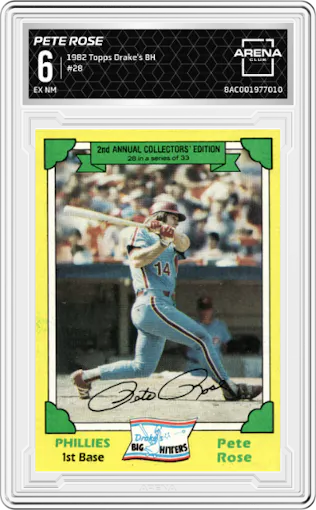 Pete Rose from the 1982 Topps Drake's Big Hitters set graded by Arena Club and given an overall grade of 6.