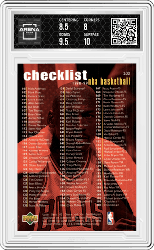 Michael Jordan from the 1998-99 Upper Deck Choice set graded by Arena Club and given an overall grade of 8.5.