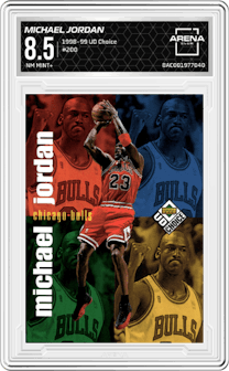 Michael Jordan from the 1998-99 Upper Deck Choice set graded by Arena Club and given an overall grade of 8.5.