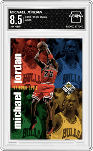 Michael Jordan from the 1998-99 Upper Deck Choice set graded by Arena Club and given an overall grade of 8.5.