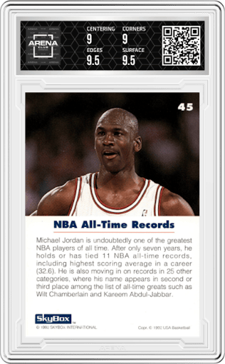 Michael Jordan from the 1992 Skybox USA  set graded by Arena Club and given an overall grade of 9.5.