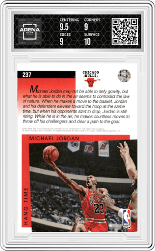 Michael Jordan from the 1993-94 Upper Deck  set graded by Arena Club and given an overall grade of 9.5.