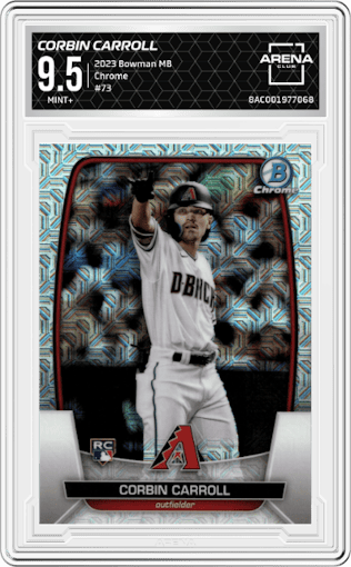 Corbin Carroll from the 2023 Bowman Mega Box set graded by Arena Club and given an overall grade of 9.5.